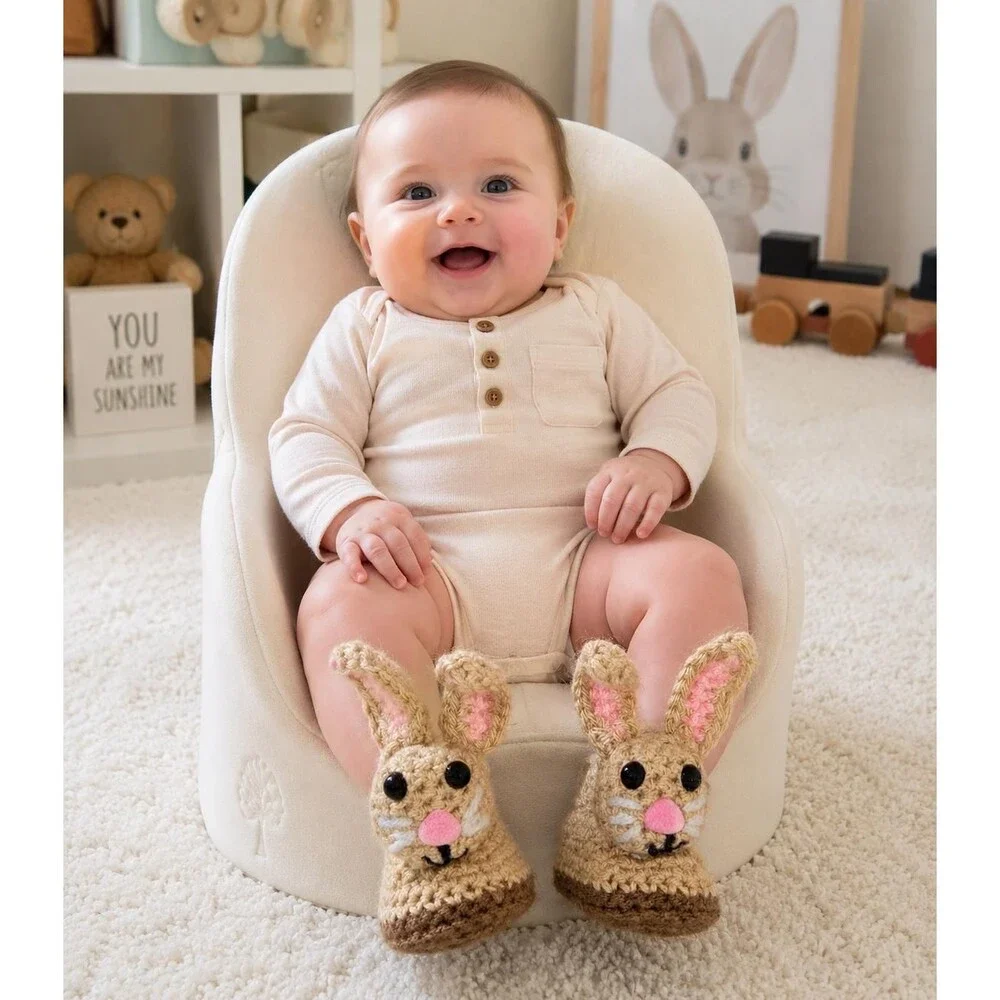 Handmade Crochet Bunny Baby Booties, Felt Lined Newborn Slippers, 0-3 Months